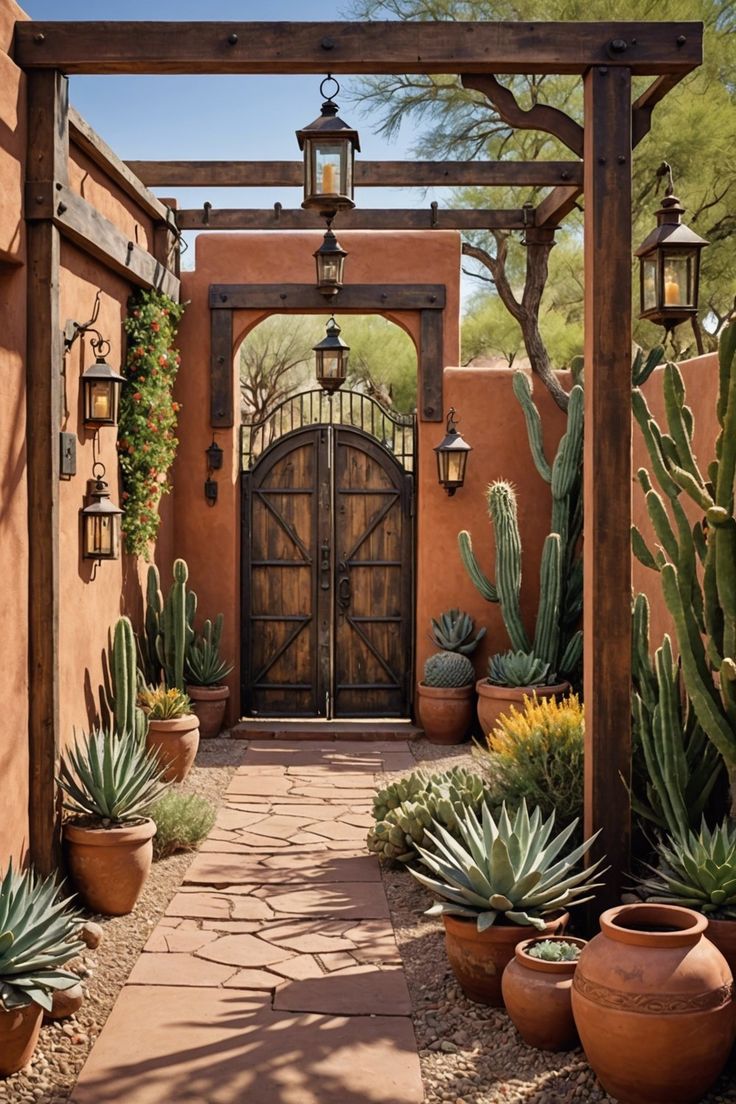 the entrance to an adobe style home with cactus and cacti in pots on either side