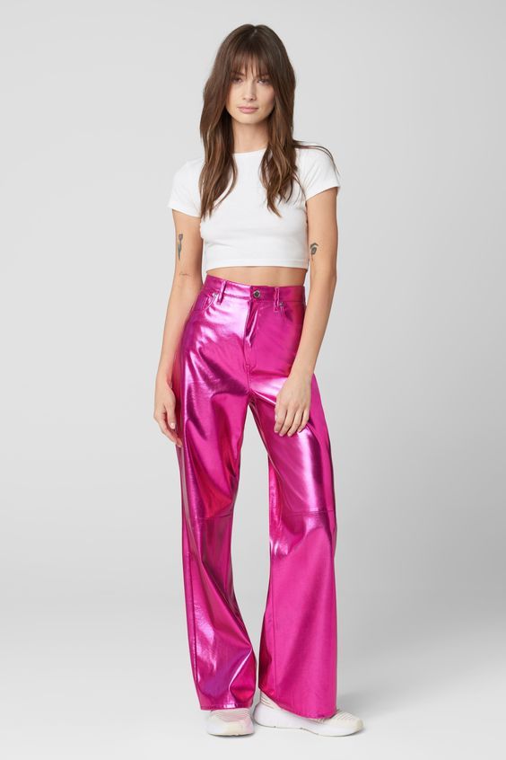 Franklin Vegan Leather Pant With Knee Seam[55% Polyurethane, 45% Polyester] Chic Pink Leather Pants For Party, Modern Metallic Straight Leg Pants, Fall Shiny Straight Leg Bottoms, Shiny Straight Leg Bottoms For Fall, Chic Shiny Pants For Fall, Fall Shiny High Waist Bottoms, Trendy Metallic Full-length Pants, Trendy Metallic Full Length Pants, Shiny Straight Leg Bottoms For Night Out