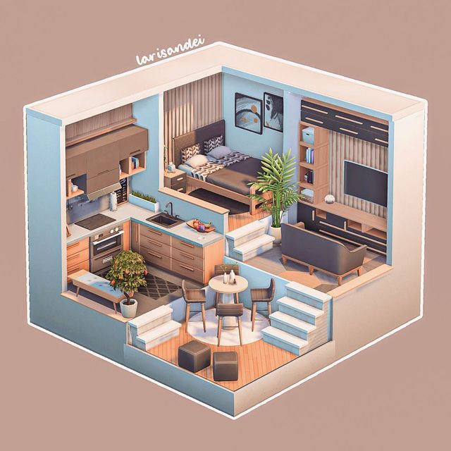 the interior of a small apartment with furniture and decor on it's walls, as seen from above