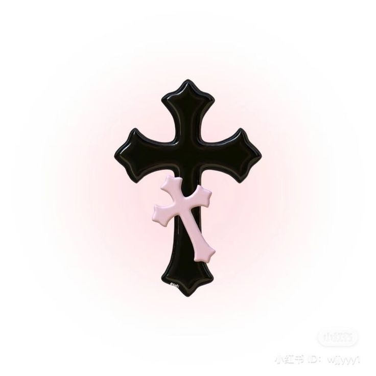 a black and white cross on a pink background