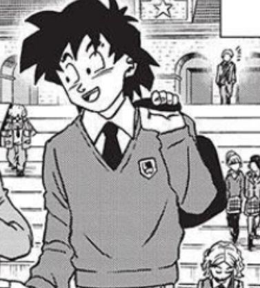 an image of a boy in school uniform talking on the phone with other children behind him