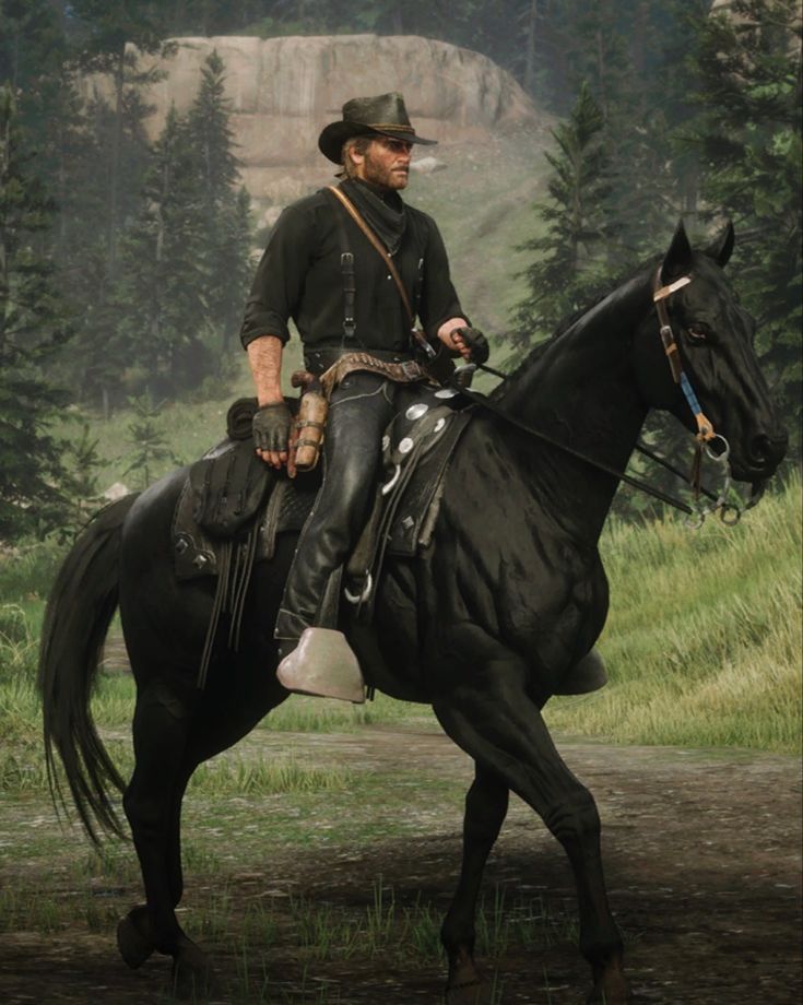 a man riding on the back of a black horse