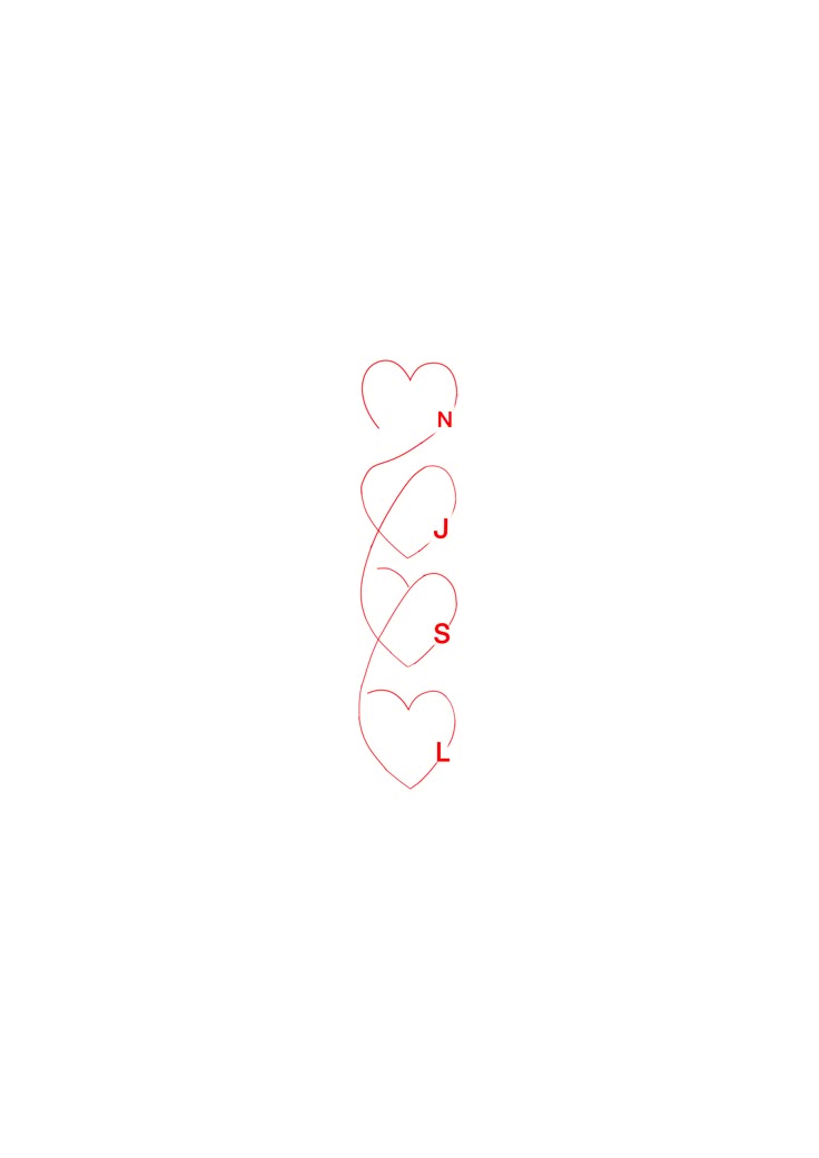 the word love is written in red ink on a white background with two hearts drawn across it