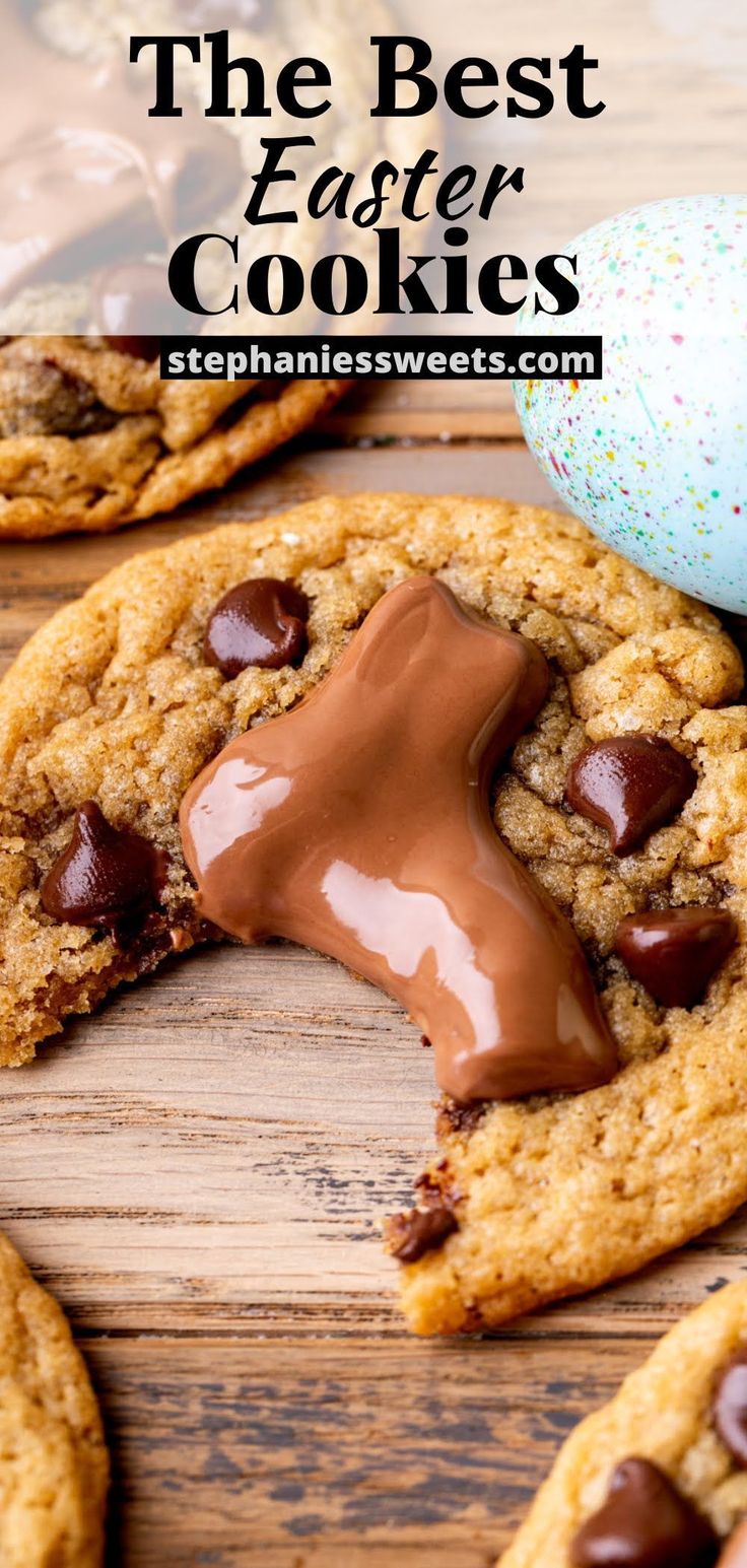 chocolate chip cookies with the best easter egg in the background and text overlay that reads, the best easter cookies