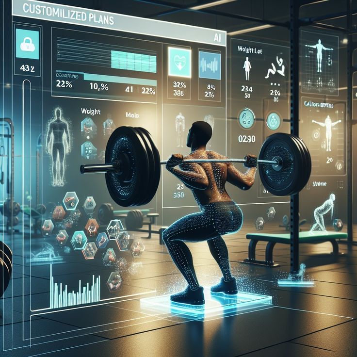 a man squats while holding a barbell in front of an interactive display