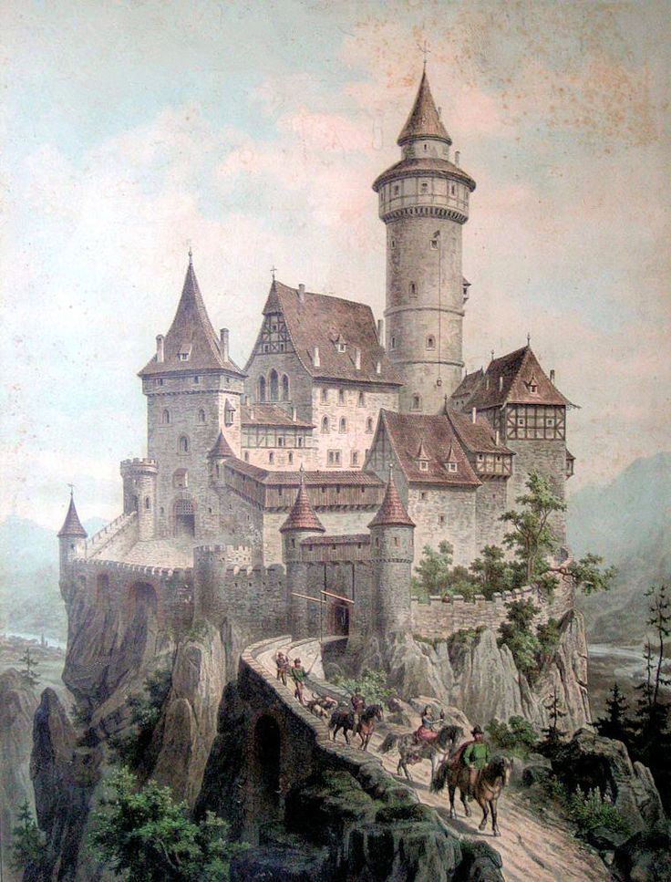 an old painting of a castle with horses and riders on the path leading to it