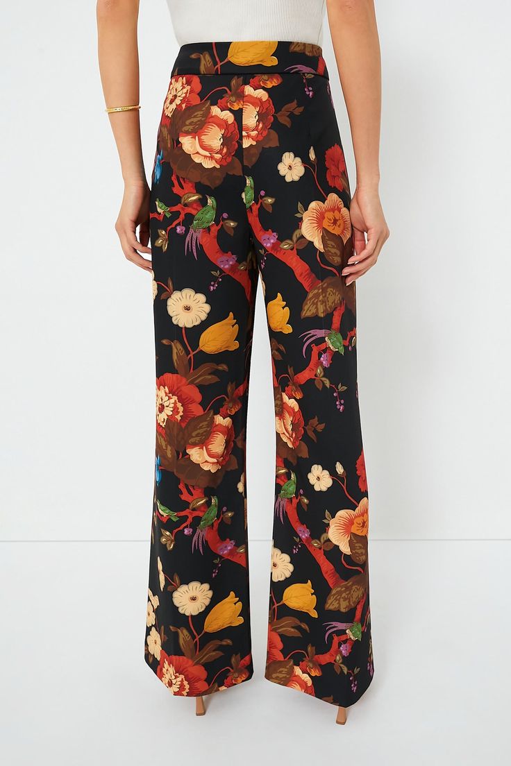 Step out in style and comfort with the Erin Pants! Featuring our signature Baroque Floral print and a classic straight wide leg silhouette, these lovely bottoms are perfect for everything from the office to date night. Pair with gold accessories and the matching Rhoda Top for a monochromatic look sure to stun, or wear separately with a timeless button down and golden studs for a casual yet elevated look. Either way, these silky stunners are sure to be ones you'll reach for time and time again th Chic Printed Ankle-length Wide Leg Pants, Chic Ankle-length Printed Wide Leg Pants, Elegant Wide Leg Bottoms With Floral Print, Elegant Wide Leg Floral Print Bottoms, Elegant Wide Leg Printed Pants, Elegant Wide Leg Pants With Floral Print, Elegant Floral Print Wide-leg Pants, Elegant Wide Leg Floral Print Pants, Elegant Wide-leg Pants With Floral Print