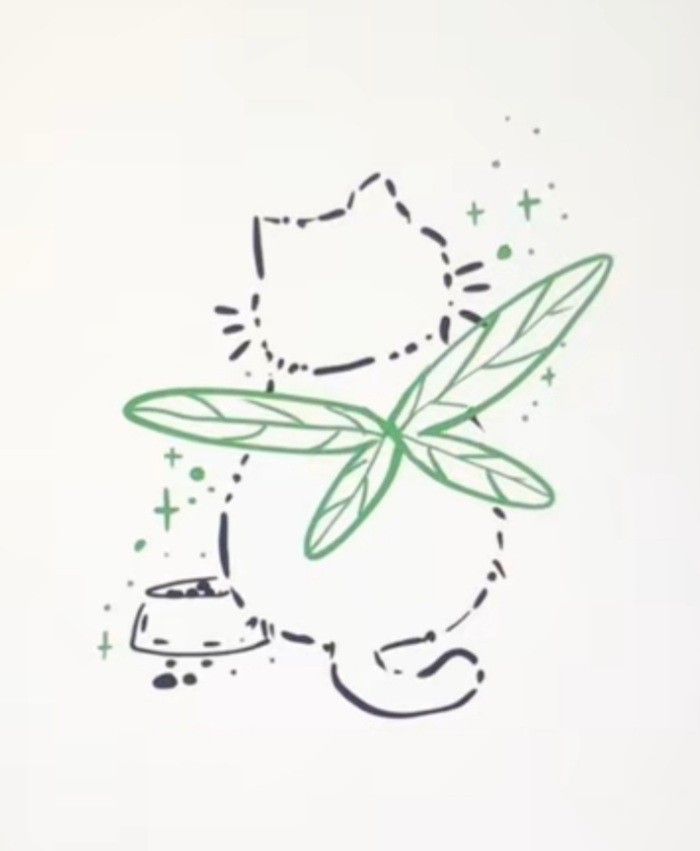 a drawing of a cat holding a green leaf