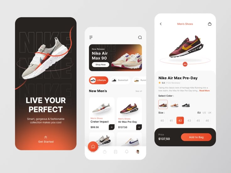 three mobile app screens showing different items on the same page, including shoes and sneakers