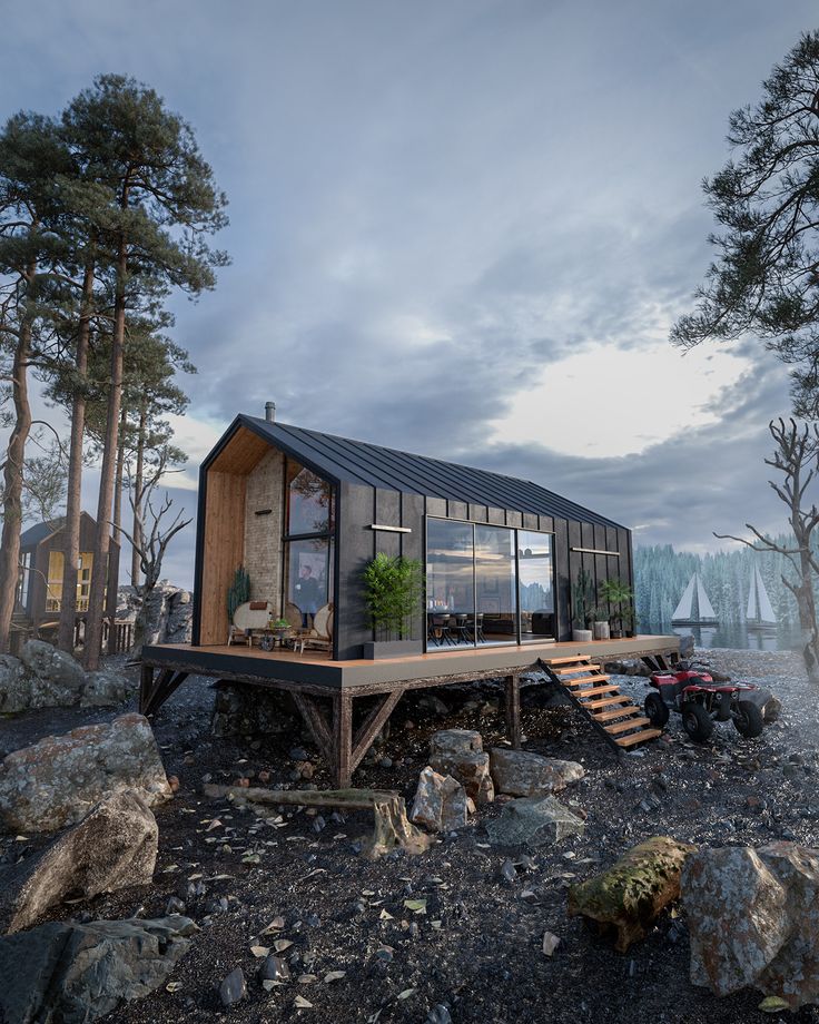 a small cabin sits on top of some rocks