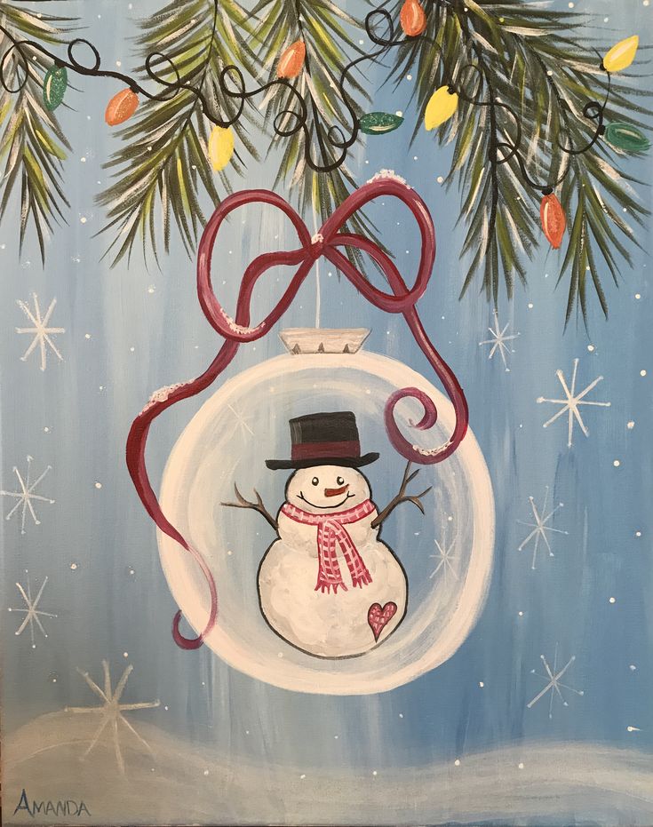 a painting of a snowman in a glass ornament hanging from a tree