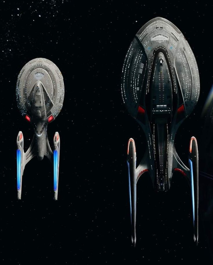 two sci - fi ships in space, one is blue and the other is red