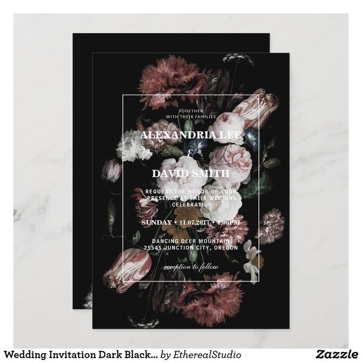 the black and white floral wedding card is shown