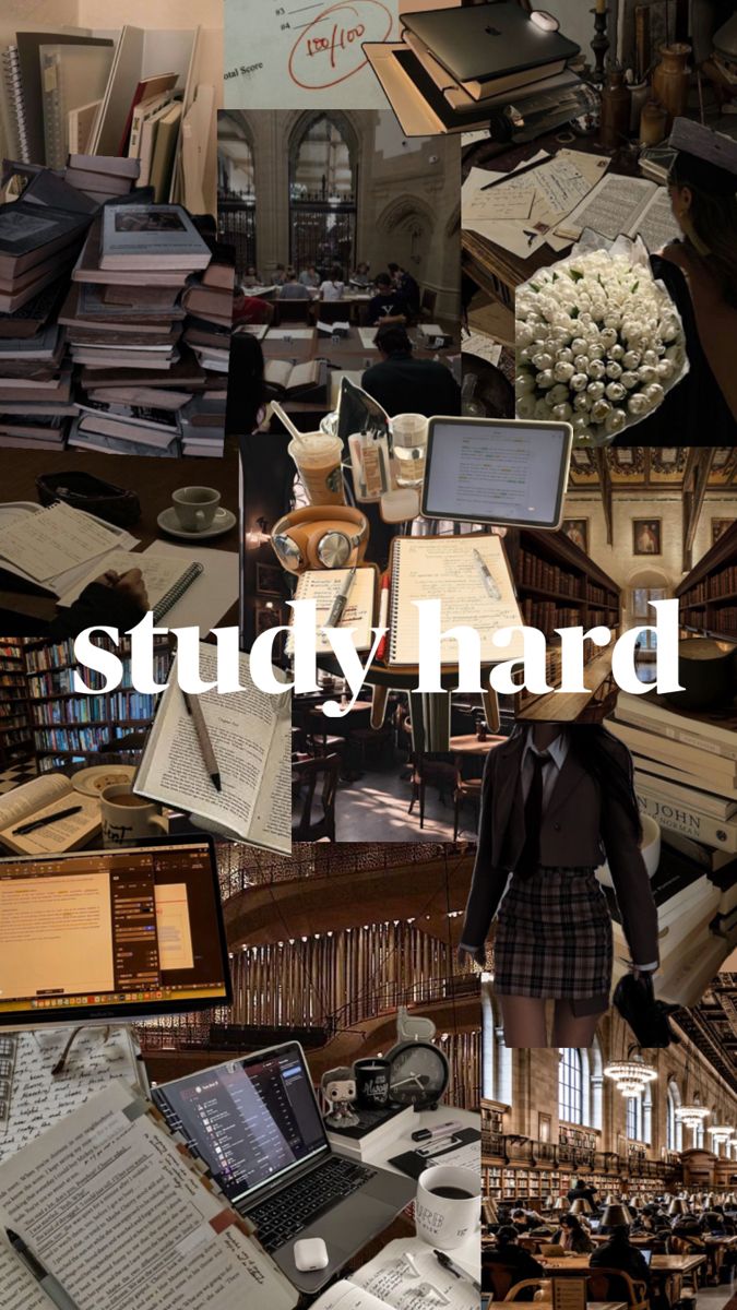 a collage of photos with the words study hard in white overlaying an image of books and desks