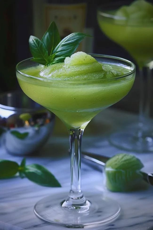 two martini glasses filled with green liquid and mint garnish