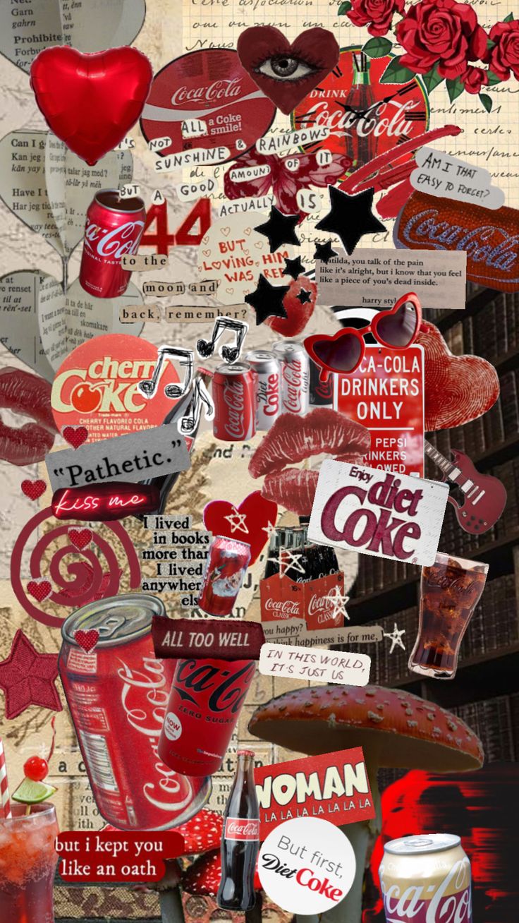 a collage of coca colas and other items