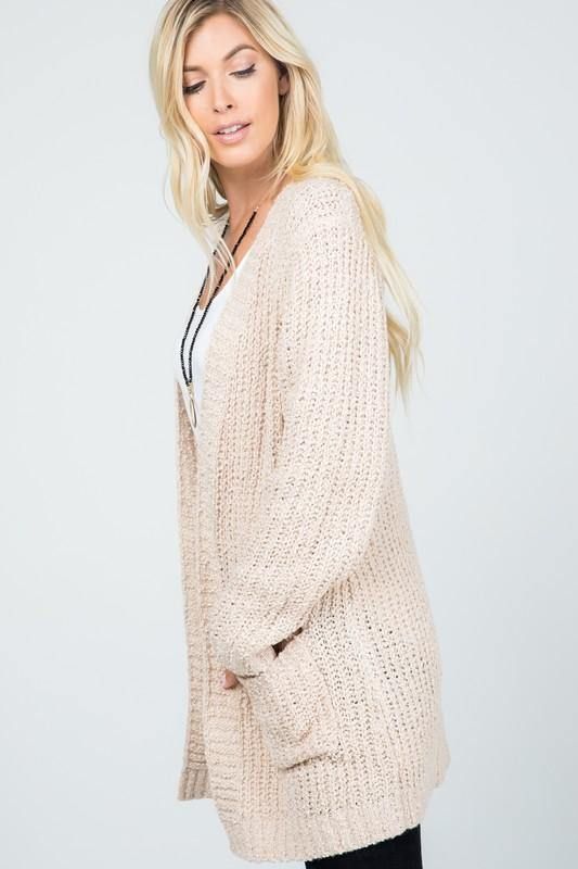 Audrie Loose Knit Classic Open Front Cardigan - Jolie Vaughan | Online Clothing Store in Baton Rouge, LA Casual V-neck Cardigan With Soft Texture, Soft Knit V-neck Outerwear, Comfortable Stretch Sweater For Fall, V-neck Soft Knit Sweater Coat For Spring, Spring V-neck Chunky Knit Outerwear, Cozy Stretch Sweater For Everyday, Casual One Size Chunky Knit Sweater Coat, Soft Texture Sweater Coat For Spring, Trendy One Size Knit Cardigan