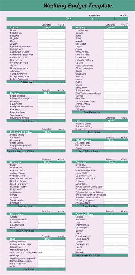 the wedding budget sheet is shown in green and white