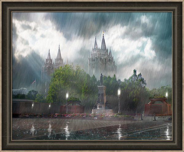 an artistic painting of a castle in the rain