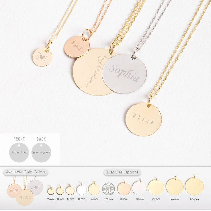 Discover the perfect blend of elegance and personalization with our exquisite Personalized Custom Name Disc Necklace. Crafted with love and attention to detail, this dainty 14K solid gold necklace features a two-sided engraved disc pendant, allowing you to cherish special words or names close to your heart. Choose from yellow, rose, or white gold to create a truly unique piece.  It makes an ideal gift for her or him, whether celebrating Mother's Day, Christmas, or a special occasion. Custom engr Name Tag Necklace, Circle Name, Name Unique, Solid Gold Necklace, Ring Der O, Special Words, Jewelry Dainty, Disc Pendant, Shades Of Gold