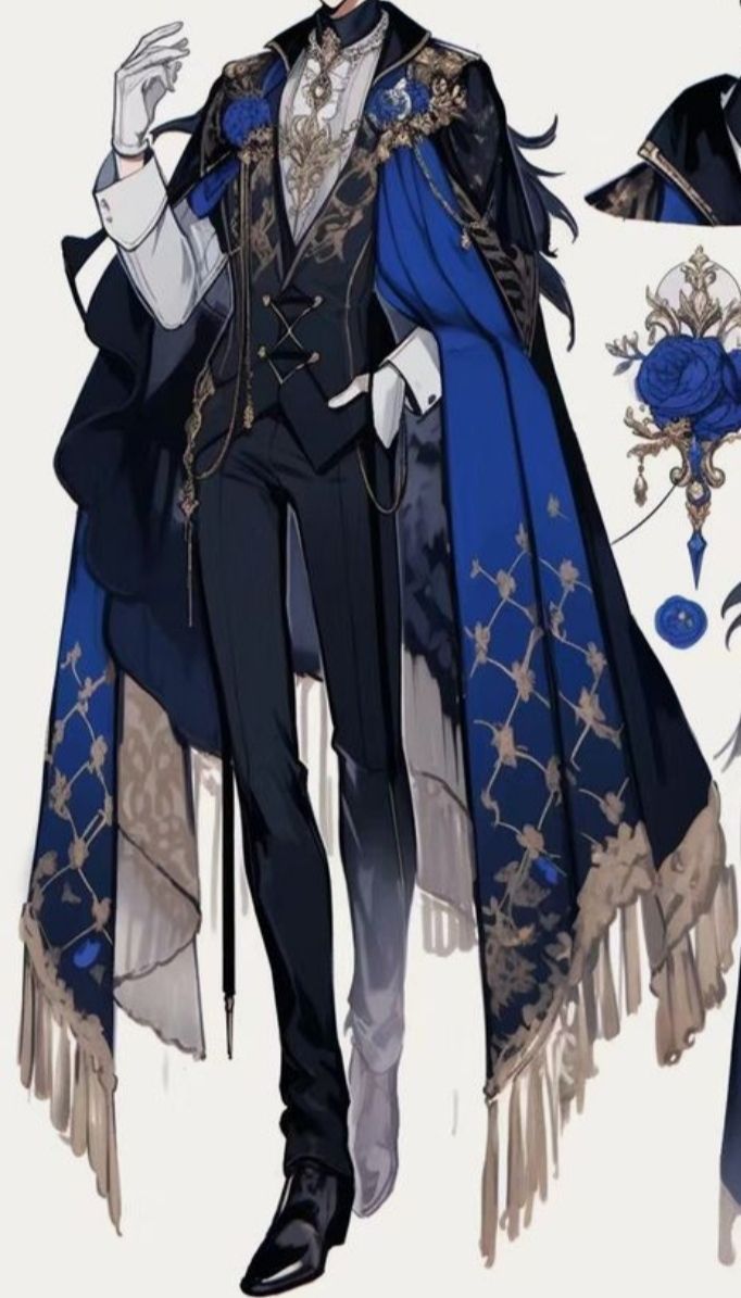 an anime character is dressed in blue and black clothing with gold accents on his cape