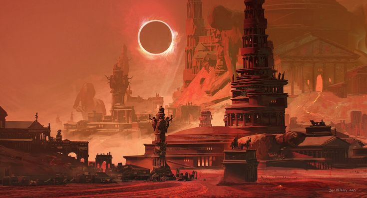 an image of a sci - fi city with a solar eclipse in the background