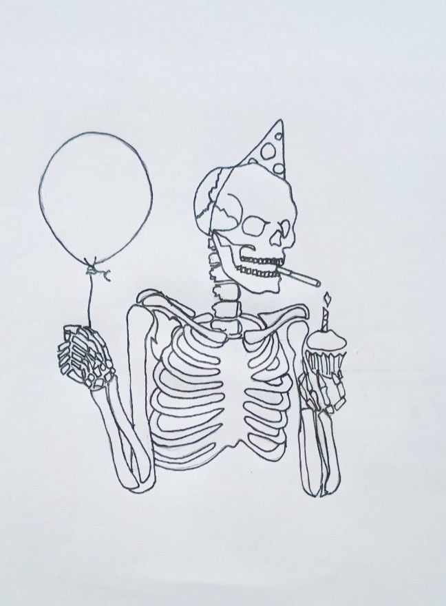 a drawing of a skeleton holding a balloon