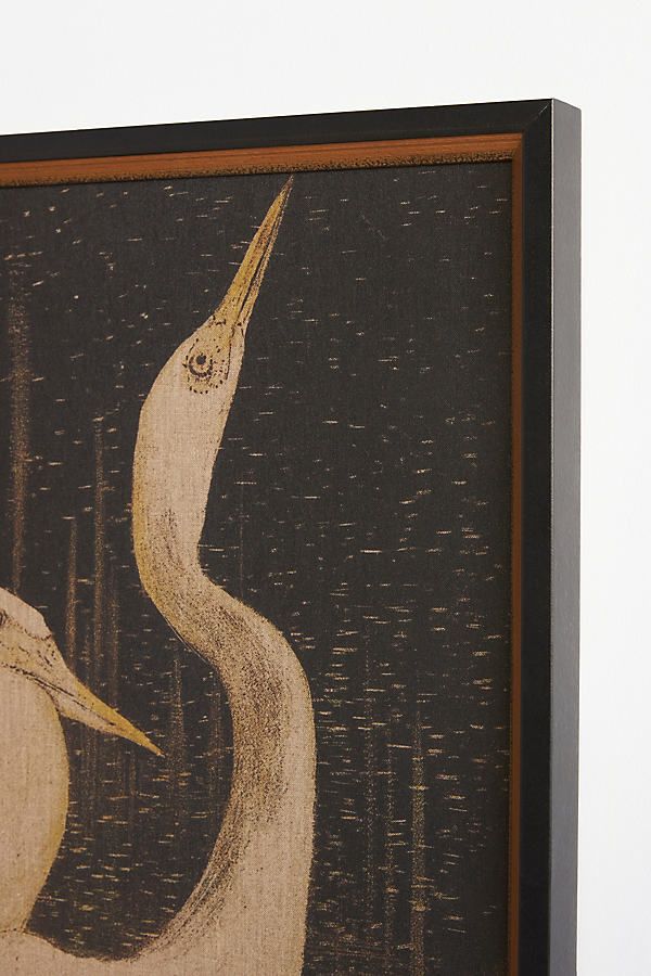 a painting of two birds on a black background with brown trim around the edges and bottom