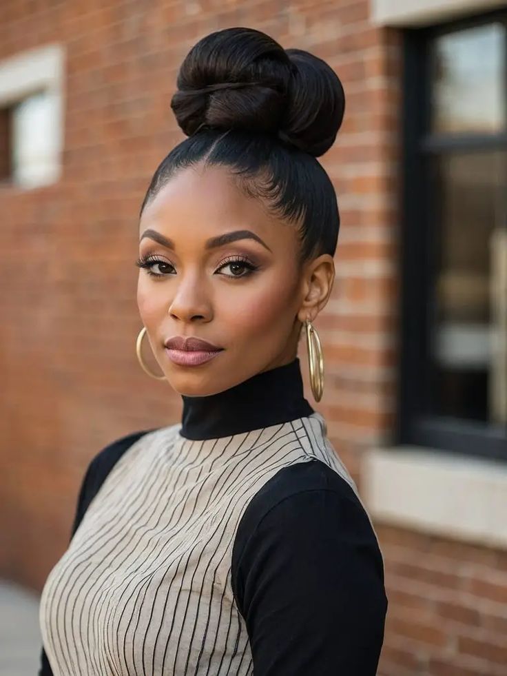 41 Sleek Bun Hairstyles for Black Women: A Style Guide Bun Hairstyles For Black Women, Ponytails Hairstyles, Sleek Bun Hairstyles, Afro Bun, Black Hair Bun, Bun Style, High Bun Hairstyles, Sleek Ponytail Hairstyles, Bob Cuts