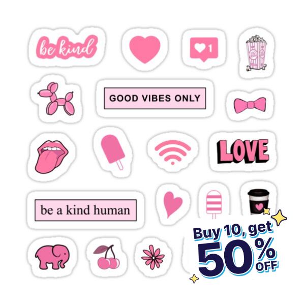 pink stickers with different types of things on them and the words, good vibes only