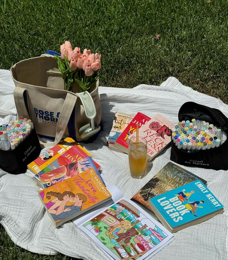 there are many books and magazines on the blanket outside in the grass next to a bag