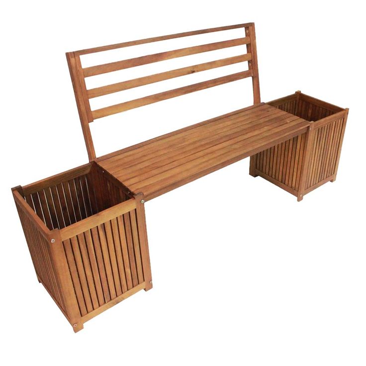 a wooden bench sitting next to a trash can on top of a white background,