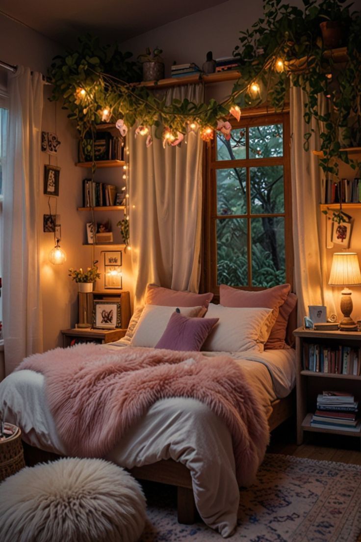 a bedroom decorated in pink and white with fairy lights on the window sill above the bed