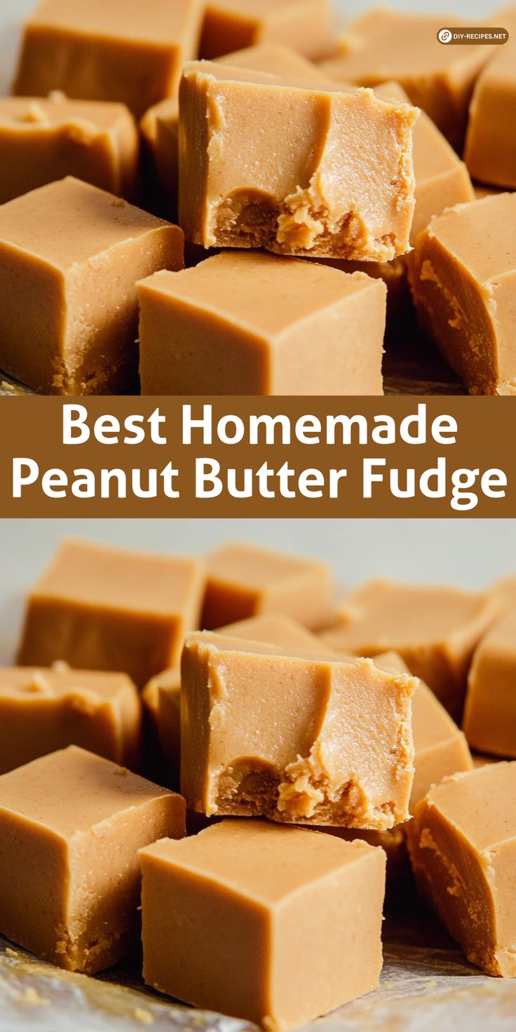 the best homemade peanut butter fudge is cut into squares and stacked on top of each other