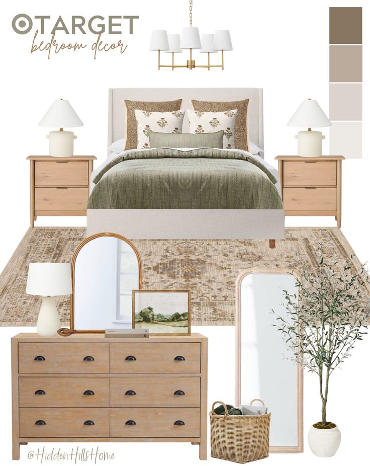 a bedroom is shown with neutrals and whites on the bed, dresser, mirror, lamp