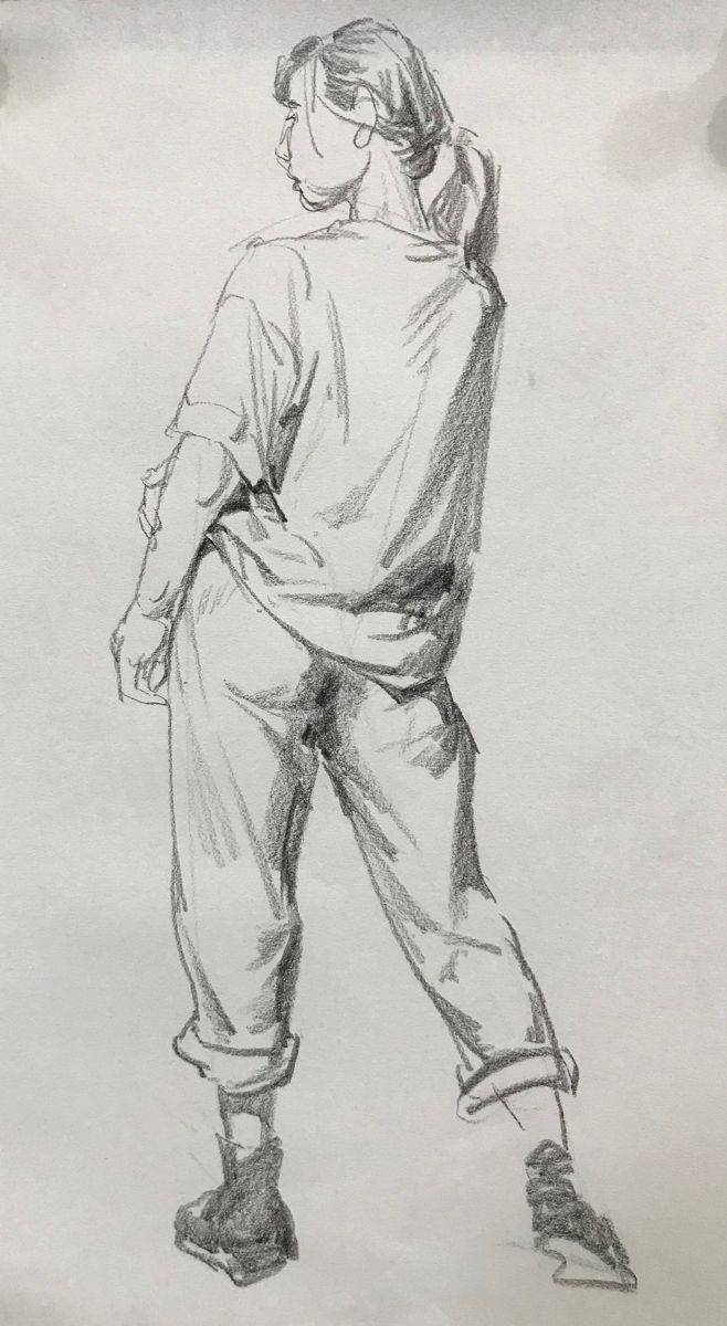 a black and white drawing of a person in tracksuits with one foot on the ground