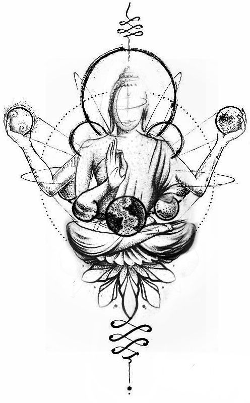 a black and white drawing of a person sitting on top of a lotus with two hands in