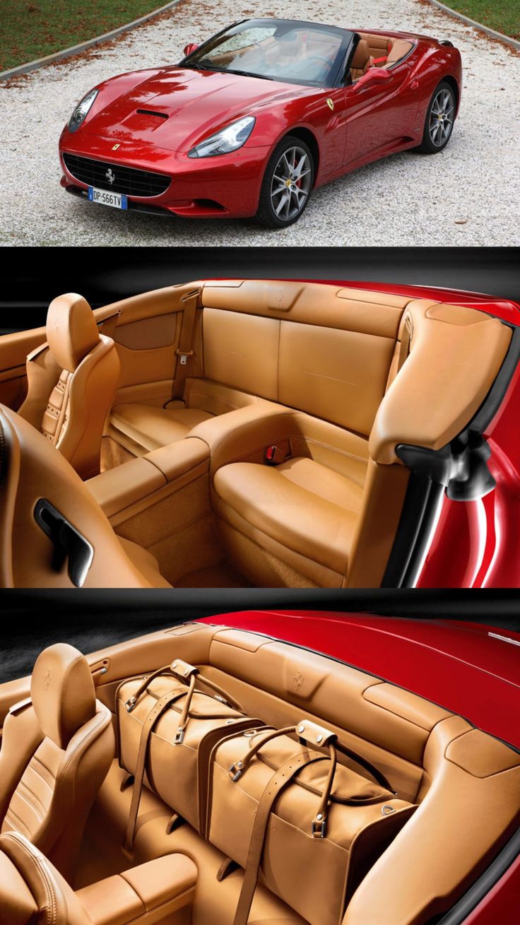 two photographs of a red sports car with tan leather seats and the top is open