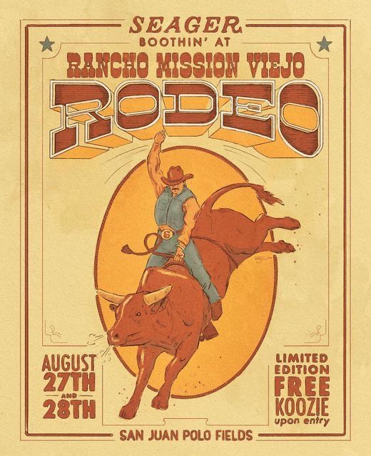 the poster for rodeo shows a man riding a bull