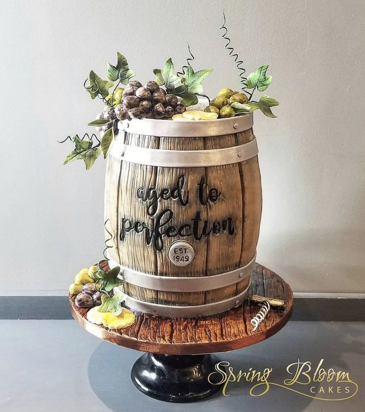 a cake made to look like a wooden barrel