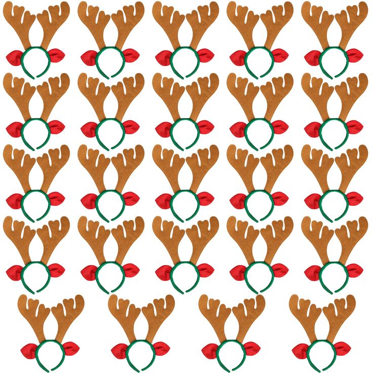 reindeer antlers with red and green bows on their heads are arranged in the shape of a circle