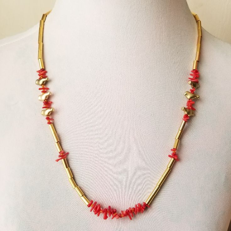 I Handmade This Necklace In My Small Maine Studio Using New And Vintage Beads. I Used Vintage Red Coral Beads, Vintage Brass Tube Beads, And New Gold Tone Bird Beads. Antiqued Gold Tone Hook Clasp. It Has A Nice Weighty Feel For Its Size. Measures Approx 27 1/2" Long. Ships Fast! Snlh8288fl7h5r Gold Heishi Beads Necklace Hand-strung, Gold Hand-strung Heishi Beads Necklace, Hand-strung Gold Necklaces For Beach, Handmade Gold Necklace With Red Coral, Red Polished Bead Necklaces For Beach, Red Bohemian Necklace With Heishi Beads, Red Round Bead Necklaces For Beach, Red Round Beaded Necklaces For The Beach, Red Round Beads Necklaces For Beach