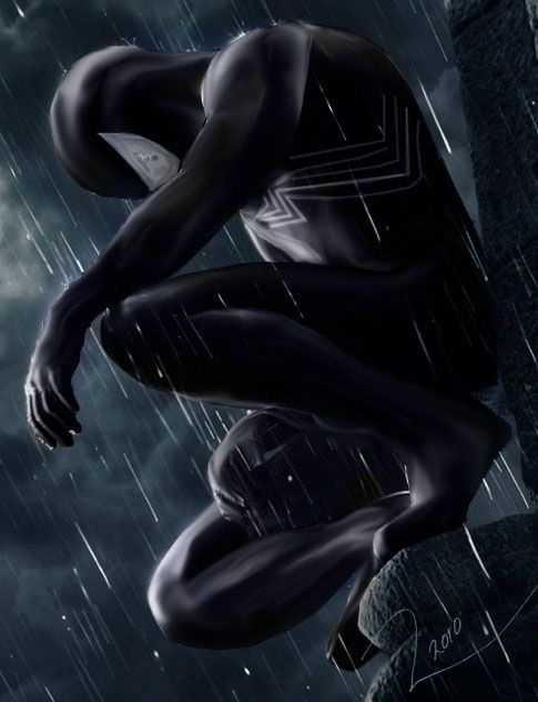 a spider man standing in the rain with his hands on his hips and head down