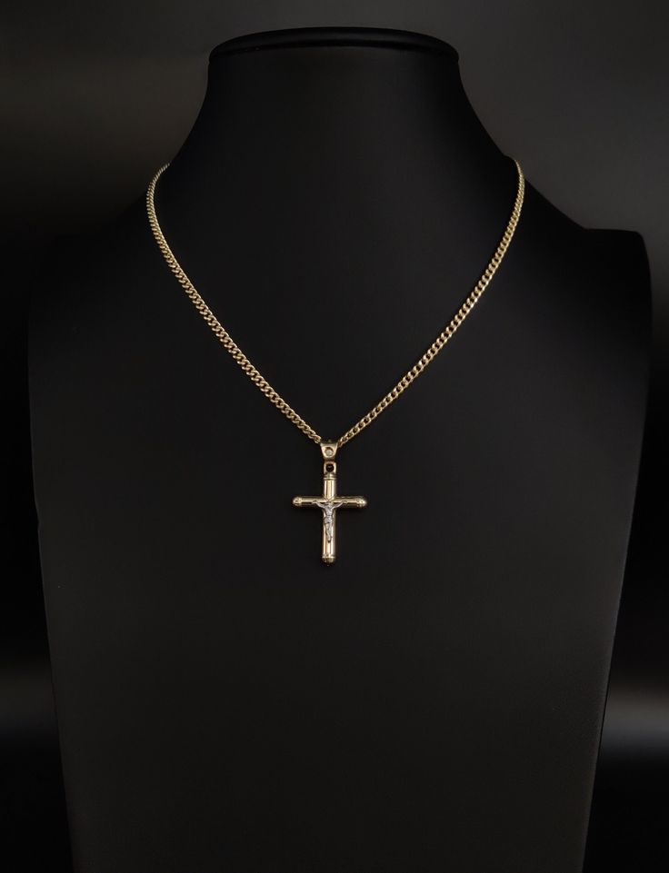 "14k Real Solid Gold Jesus Crucifix Pendants Necklace, with 3mm Miami Cuban Chain Necklace , Cross Pendant , Gold Inri Cross, Gift Brand New 14K Real Yellow Gold Pendants with 14k Real yellow Gold 3mm Miami Cuban Chain Necklace 16\"-24\" Stamp : 14K Real Gold Miami Cuban Chain, 14k real gold stamp for pendants Chain Style: Inri Cross Material: 14k Genuine Gold Metal Stamp: 14K Available Length: 16'',18\"-20\"-22\"-24\" Length =  34mm Width  = 21mm  Clasp/Bail : 6.5mm Length, 4.5mm Width Weight(average) :Pendant around 1.5 grams, Chain 4.6 grams 18 inches for 3mm. These Chains are 100% Authentic 14K,14K Gold \"Not Plated or Filled\" This is a Beautiful Genuine Real 14k Gold Miami Cuban Chain and 14k Real Gold Cross Will look Great on Men & Women. BOSPHORUSGOLD" Gift Jewelry Chain With Crucifix Shape, 14k Gold Cross Figaro Chain Jewelry, Yellow Gold Cross Jewelry With Figaro Chain, Yellow Gold Cross Chain Jewelry, Yellow Gold Cross Chain Necklace, Gold Cross Necklace With Curb Chain, Yellow Gold Cross Jewelry With Curb Chain, Crucifix Cross Necklace With Curb Chain As Gift, Crucifix Cross Necklace With Curb Chain For Gifts