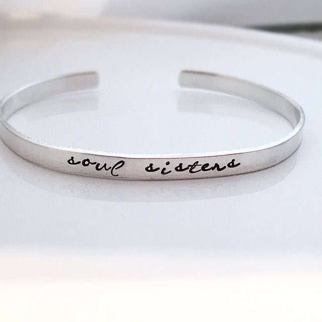 "Soul Sister Bracelet - sterling silver cuff bracelet - gift for her - skinny cuff - stacking bracelets - BFF gift - Friendship bracelet One 1/8\" x 6\" sterling silver cuff bracelet made from 16 gauge sterling silver sheet. It is hand stamped with the phrase soul sisters Need multiples for your bridesmaids? No problem, you can choose your quantity from the drop down box during checkout! As with all hand stamped jewelry, each piece is made just for you, so there may be slight differences. This i Stamped Sterling Silver Bangle Bracelet For Gift, Sterling Silver Stamped Bangle Bracelet For Gift, Stamped Sterling Silver Bangle Bracelet Gift, Elegant Stamped Sterling Silver Bracelet Gift, Sterling Silver Stamped Bangle For Gift, Hypoallergenic Sterling Silver Bracelets For Best Friend Gift, Sterling Silver Stamped Bangle As Gift, Hypoallergenic Sterling Silver Bracelets For Best Friend, Silver Hand Stamped Bangle As A Gift