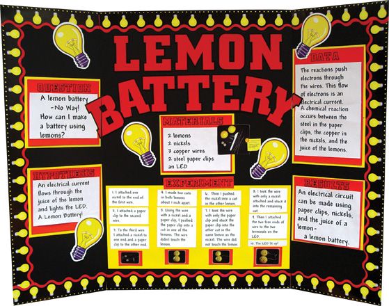 a bulletin board with lemons on it and instructions for the different types of batteries