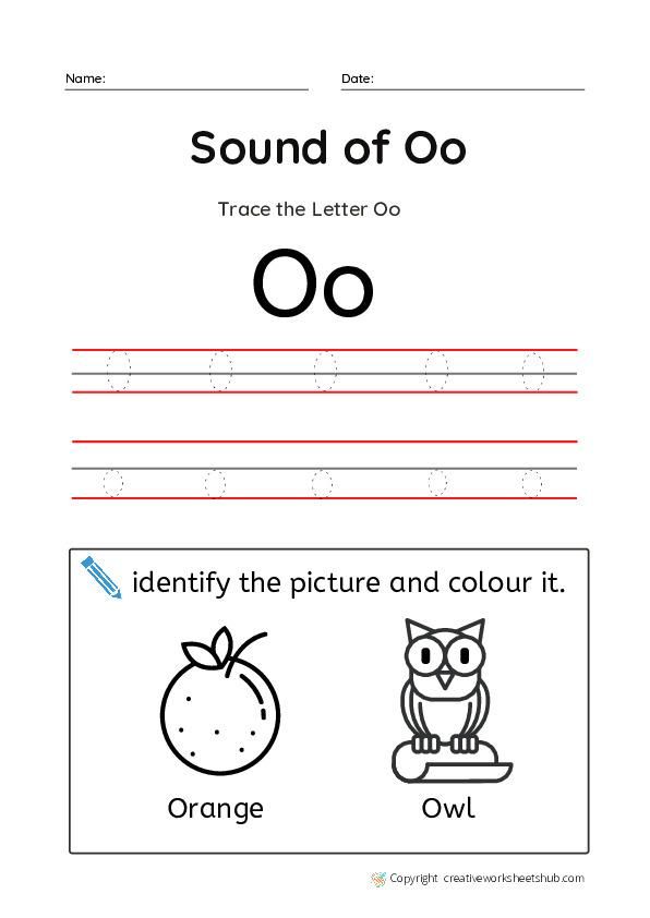 the letter o worksheet with an owl and orange on it's side