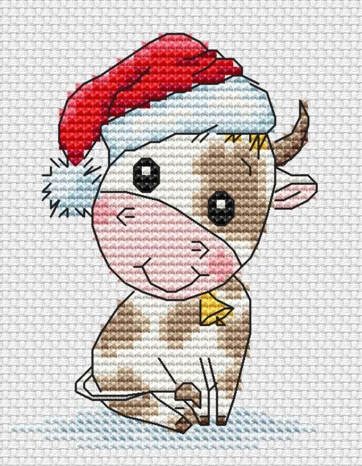 a cross stitch cow wearing a santa hat