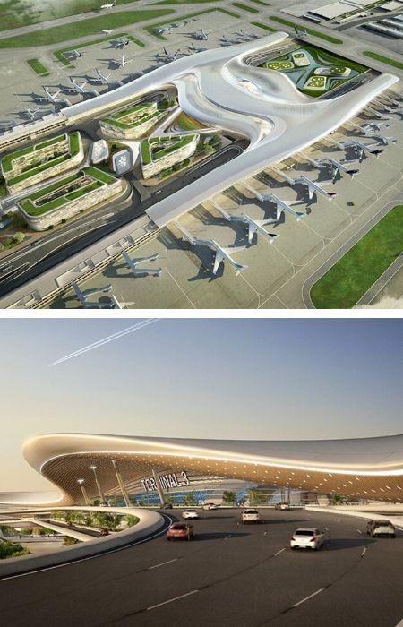 two pictures side by side, one shows an airport and the other shows cars driving around