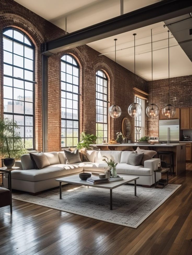 a living room filled with lots of furniture next to tall windows and large windows on the wall